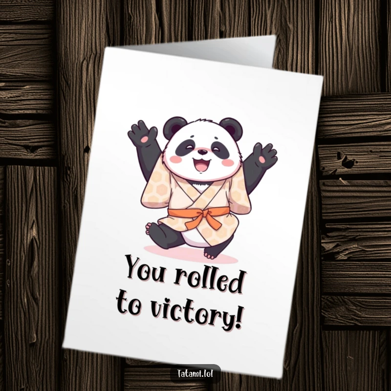 Funny Free Printable congratulations card: a happy panda in a kimono tumbles joyfully, celebrating success.