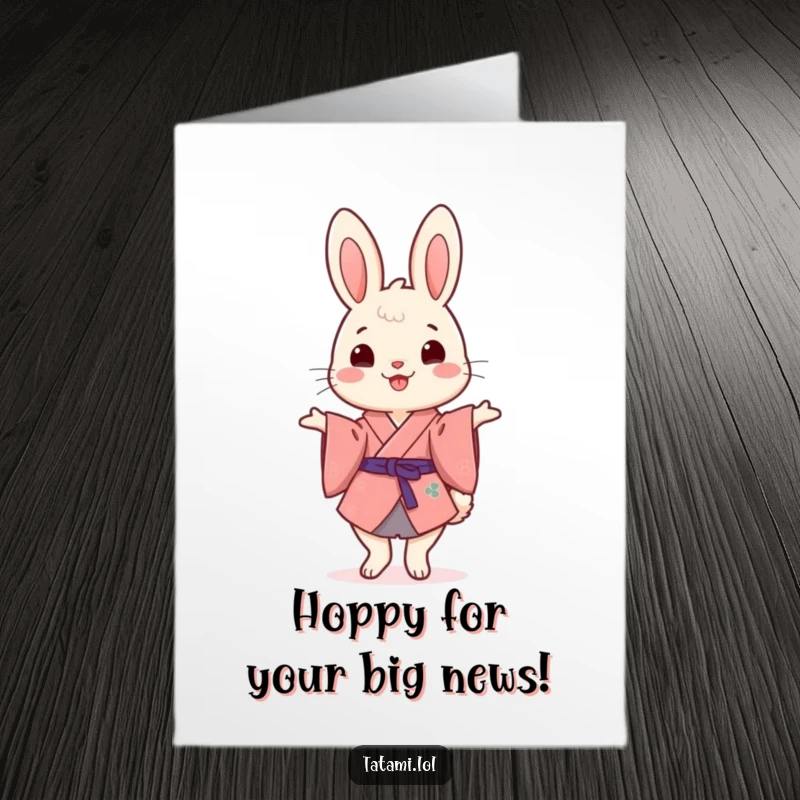 Funny Free Printable Congrats Card: Joyful rabbit in a kimono triumphantly balances on hind legs, celebrating success.