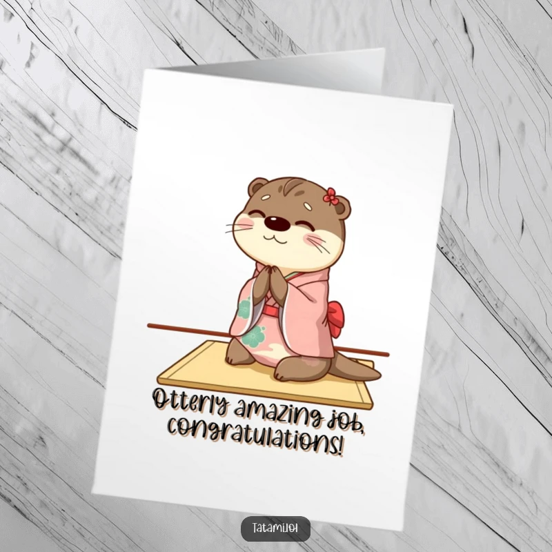 Funny Free Printable Congratulations Card: A happy otter in a kimono bows gracefully, celebrating a wonderful success.