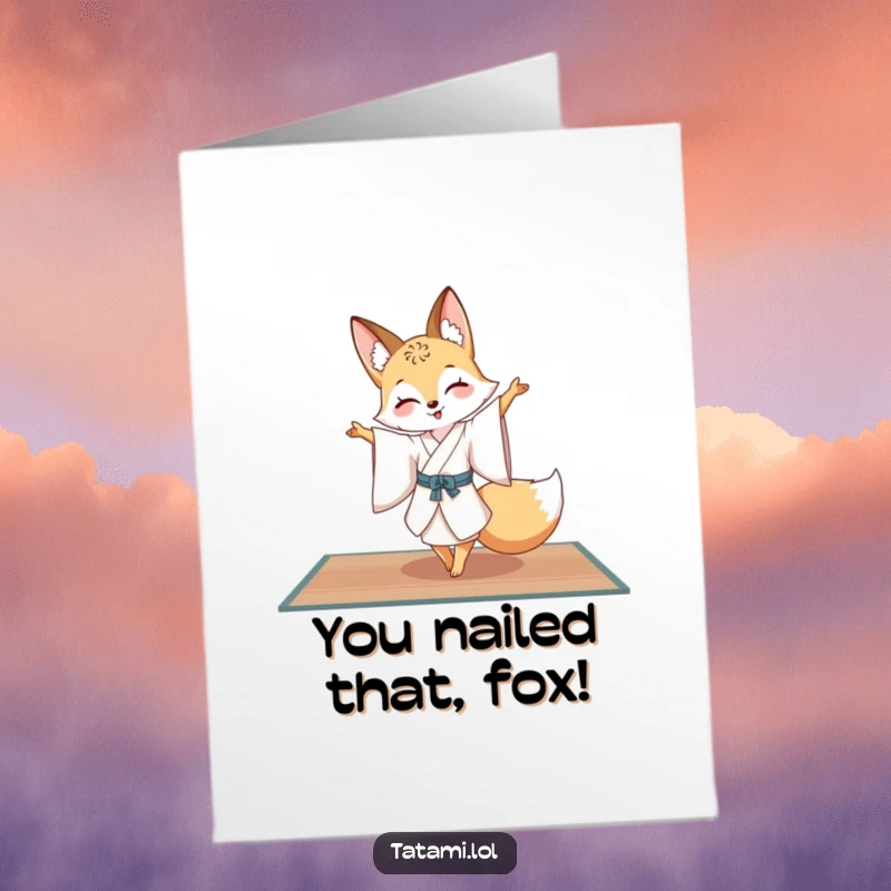 Funny Free Printable Congrats Card: Graceful fox in a silk kimono performing a pirouette on a tatami mat, celebrating achievement.