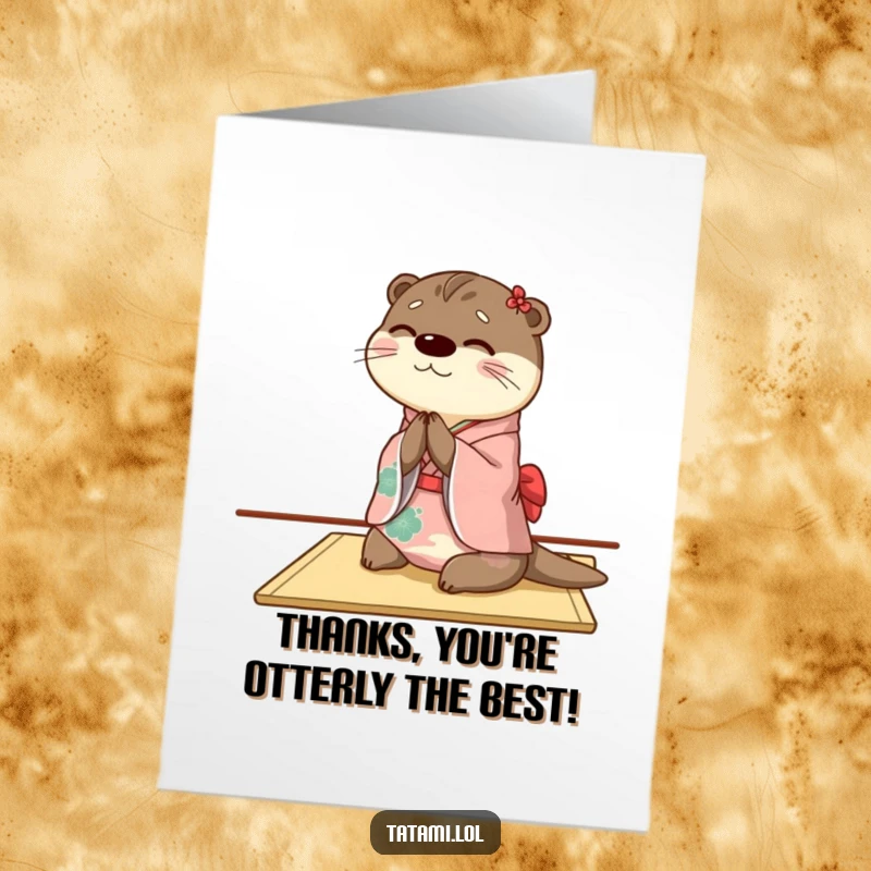 Funny Free Printable Thank You Card: A happy otter in a kimono bows gracefully, offering a funny and sincere thank you.