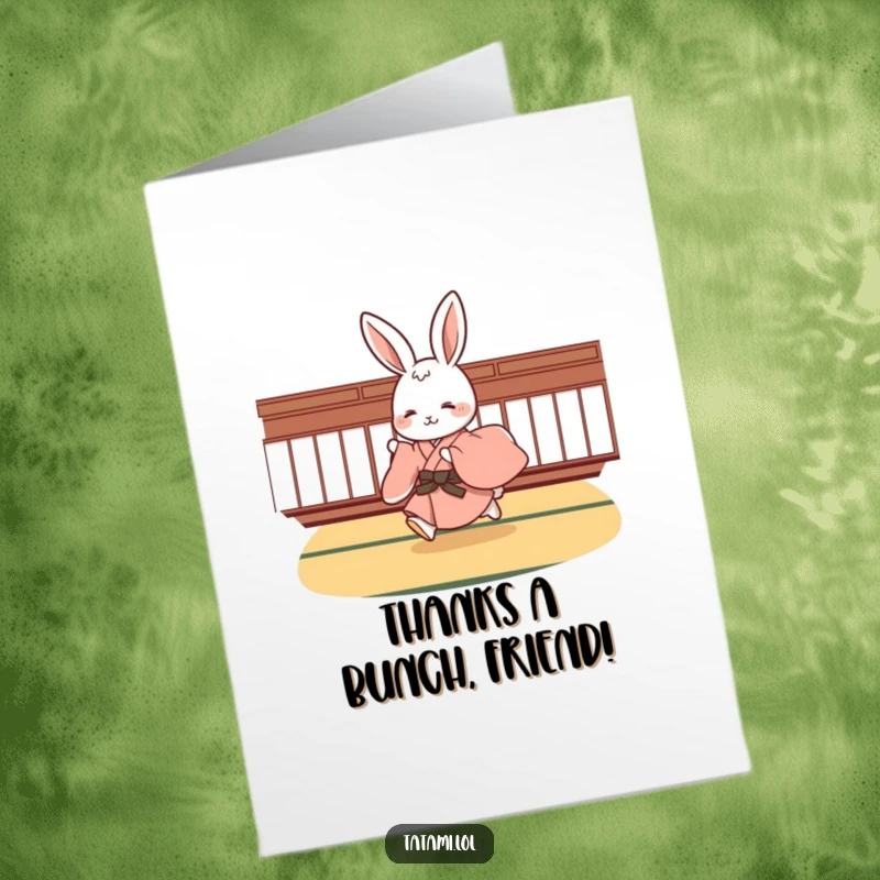Funny Free Printable Thank You Card: Cute rabbit in a kimono hopping with joy on a tatami floor, expressing thanks.