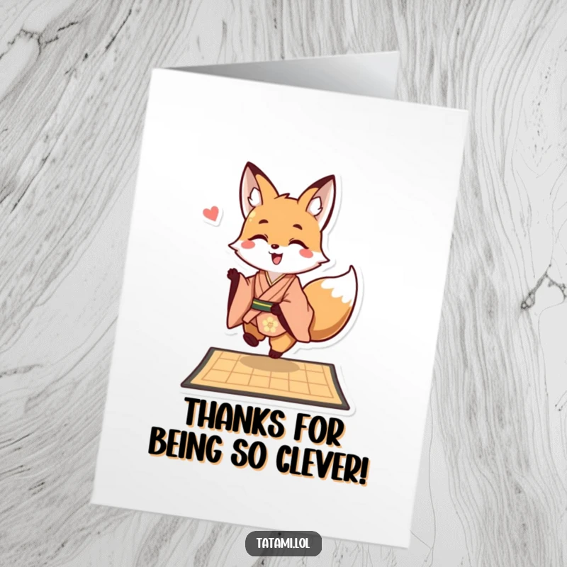 Funny Free Printable Thank You Card: Fox in kimono, hopping onto mat, happy smile, humorous downloadable gift.