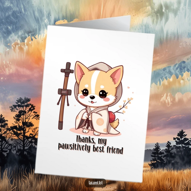 Funny Free Printable thank you card featuring a cute dog in a kimono, peeking out with a sweet, humorous expression.