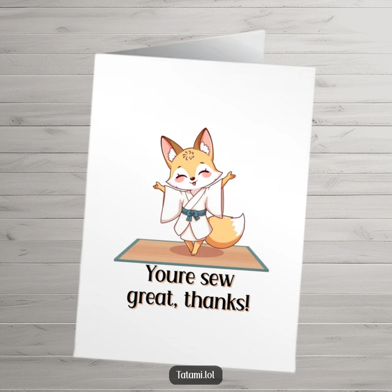 Funny Free Printable Thank You Card: A cheerful fox in a silk kimono gracefully pirouetting on a tatami mat to express thanks.