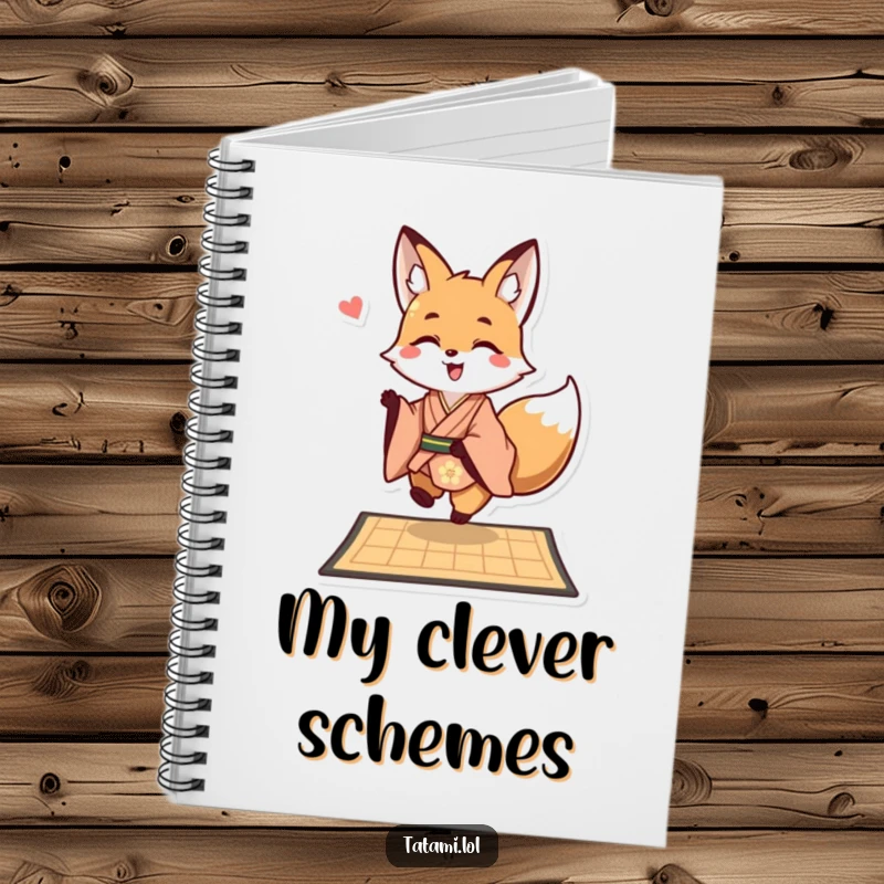 Funny fox in a kimono on a notebook cover, playfully hopping onto a mat, perfect for journaling.
