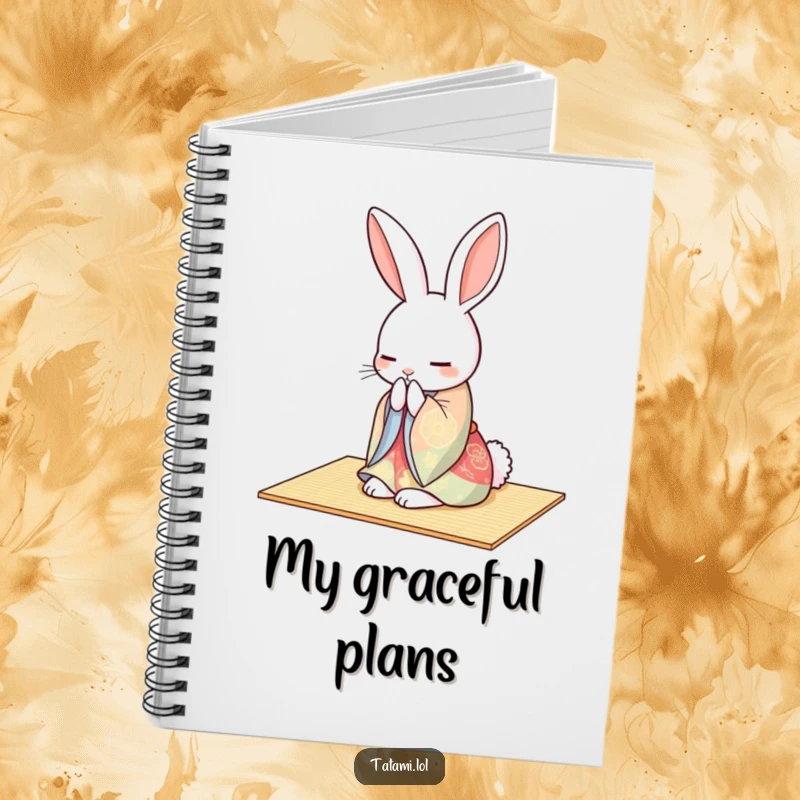 Funny rabbit in a kimono, gracefully bowing on a tatami mat, on the cover of a notebook.