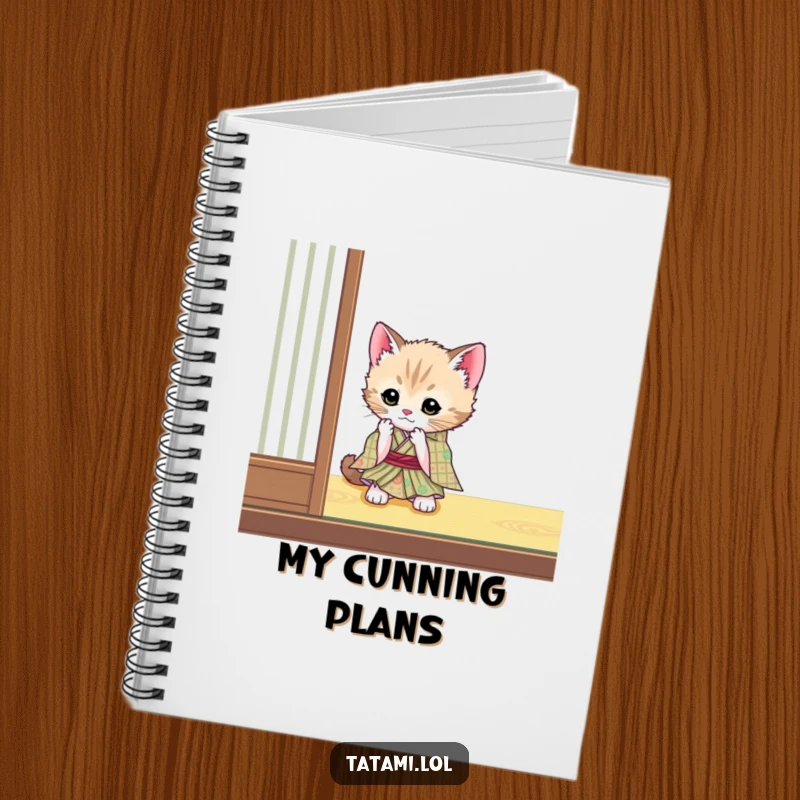 Funny kitten in a kimono on a notebook cover, playfully batting a tatami mat, perfect for journaling.