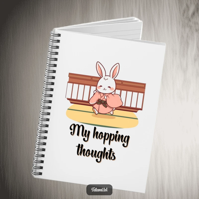 Funny rabbit character in a kimono, dynamically hopping across a tatami floor, a cute and inspiring notebook for daily use.