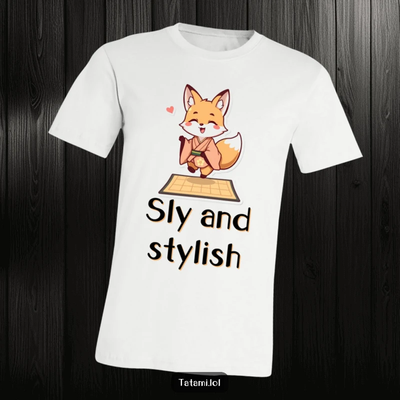 Funny happy fox wearing a kimono on a t-shirt, playfully hopping onto a mat, showcasing joy.