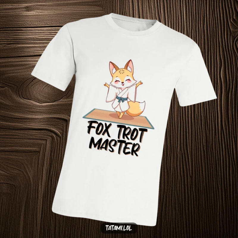 Funny fox character in a luxurious silk kimono, executing a perfect pirouette on a tatami mat, a stylish graphic tee.