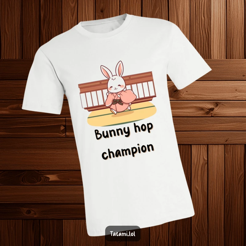 Funny rabbit character wearing a flowing kimono, joyfully hopping across a tatami mat, a cute and playful animal graphic tee.
