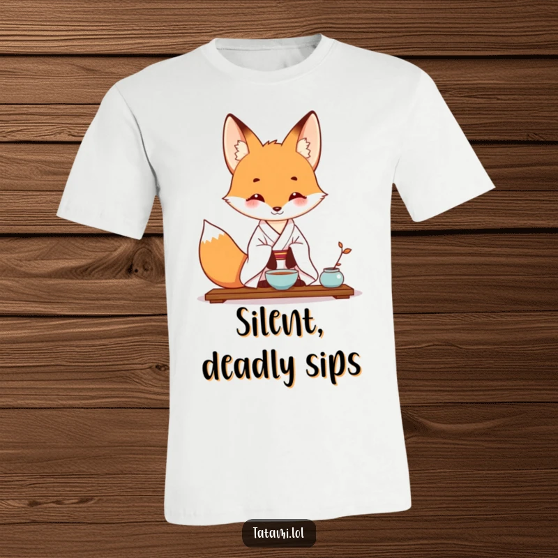 Funny t-shirt showing a fox in a kimono, poised for a tea ceremony, radiating calm and comedic charm.