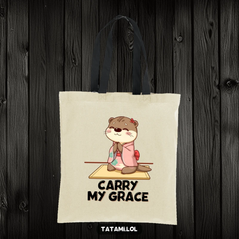 Funny otter tote bag featuring the happy character in a kimono bowing gracefully on a tatami mat, ideal for carrying items.