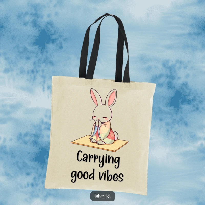 Funny rabbit wearing a kimono, gracefully bowing on a tatami mat, on a chic tote bag.