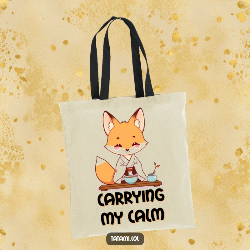 Funny tote bag showcasing a fox in a kimono, elegantly performing a tea ceremony, ready for errands.