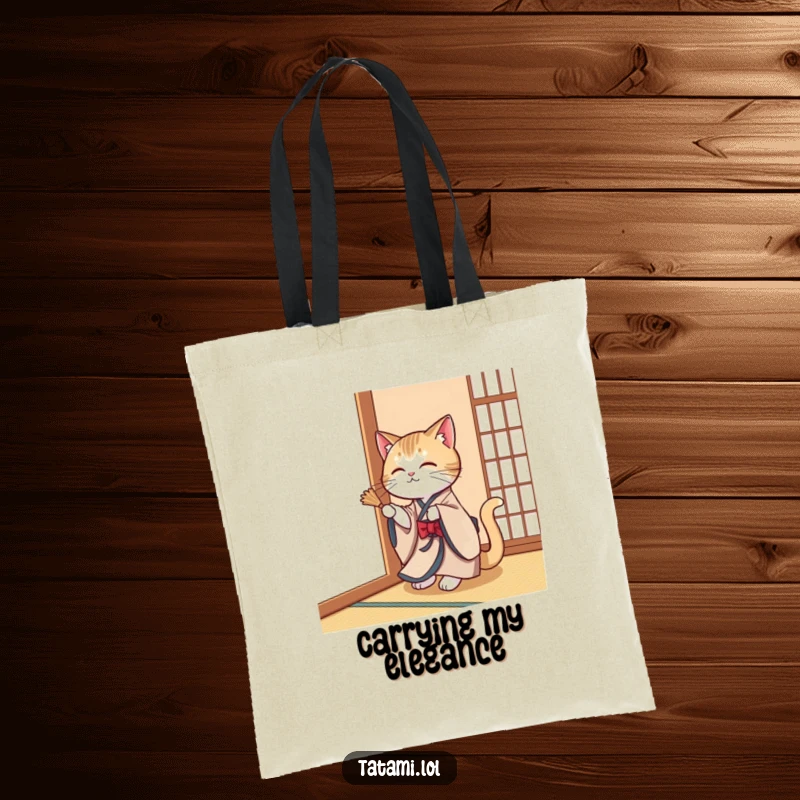 Funny cat wearing a kimono, playfully swatting a tatami mat corner, on a chic tote bag.