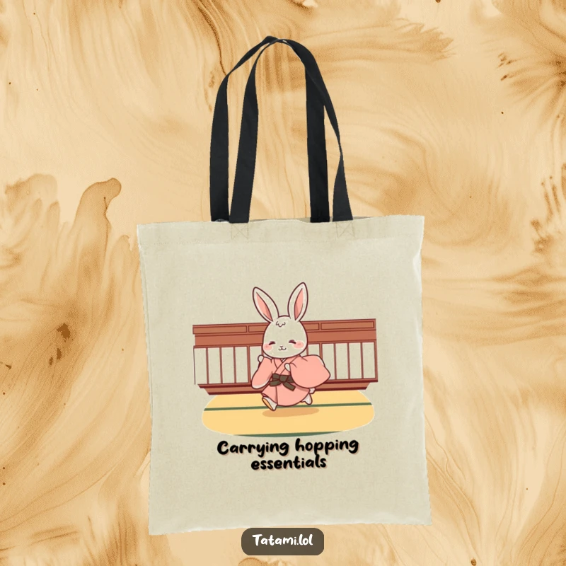 Funny rabbit wearing a kimono, hopping energetically on a tatami floor, a cute and practical tote bag, perfect for an anime fan.